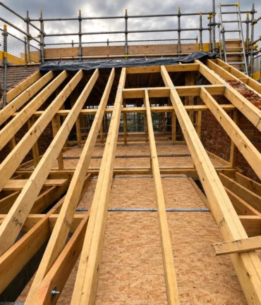 Scaffolded roof with edge protection and guardrails