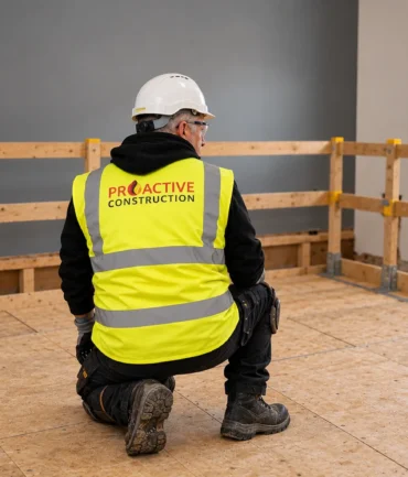 Worker in helmet and hi-vis kneeling on boarded floor